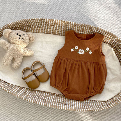 Baby Autumn Clothing Corduroy Embroidered Suspender Romper Western Style Sleeveless Onesie Triangle Jumpsuit Climbing