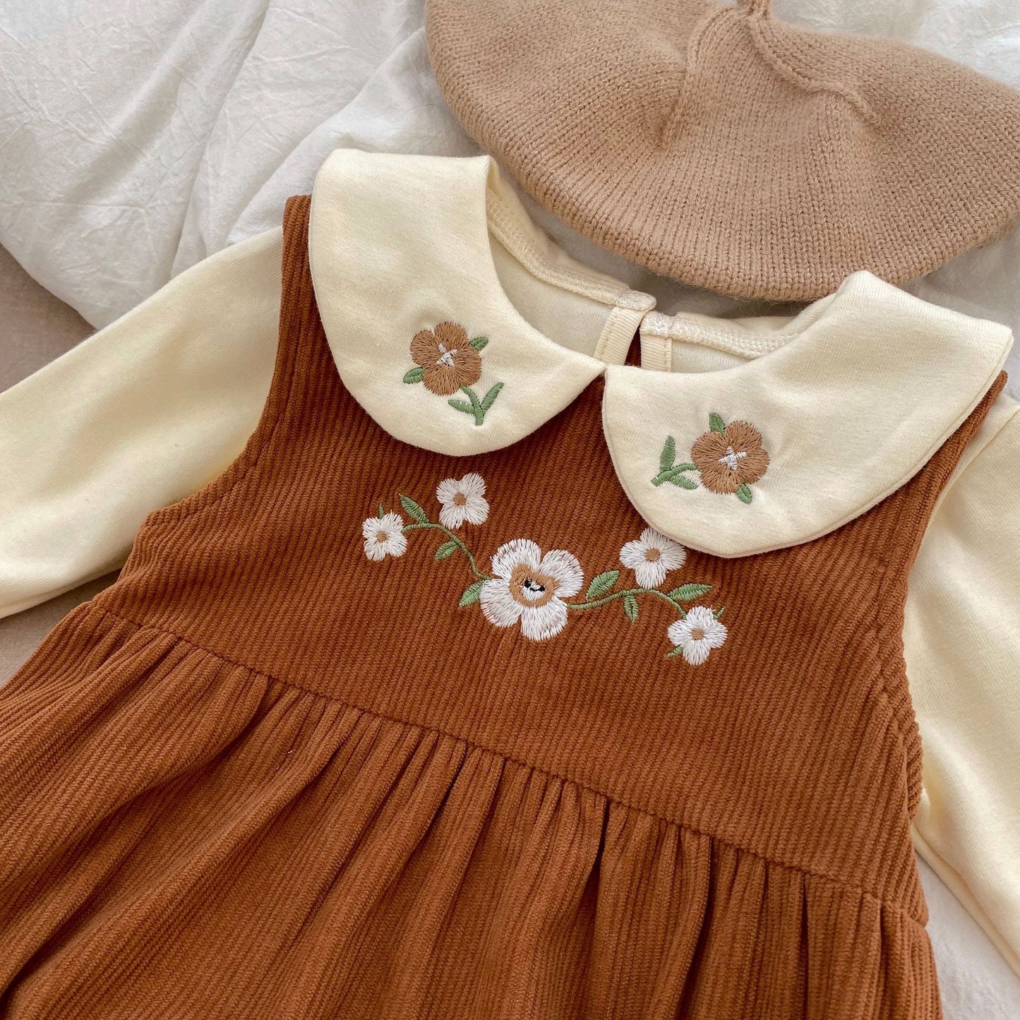 Baby Autumn Clothing Corduroy Embroidered Suspender Romper Western Style Sleeveless Onesie Triangle Jumpsuit Climbing